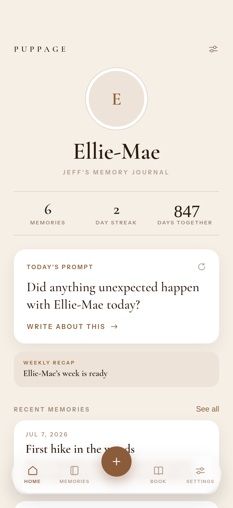 The Puppage home screen showing Ellie-Mae’s memory journal